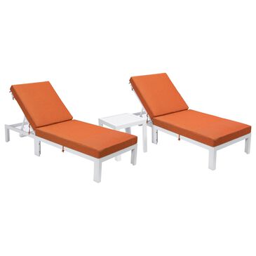 Leisuremod Chelsea 3-Piece Patio Chaise Lounge Chair Set with Orange Cushion in White, , large