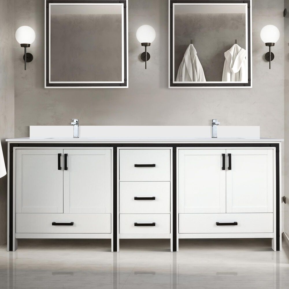 Lexora Home Ziva 84&quot; Double Bathroom Vanity in White with 2 cm White Cultured Marble Top and Rectangular Sinks, , large