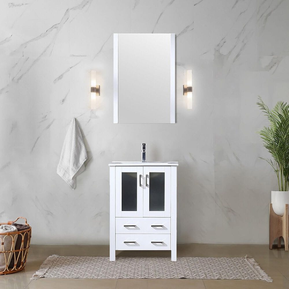 Lexora Home Volez 24&quot; Single Bathroom Vanity in White with 2 cm White Ceramic Top and Rectangular Sink, , large