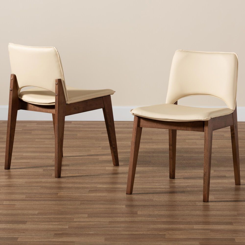 Baxton Studio Afton Side Chair with Beige Faux Leather in Walnut Brown (Set of 2), , large