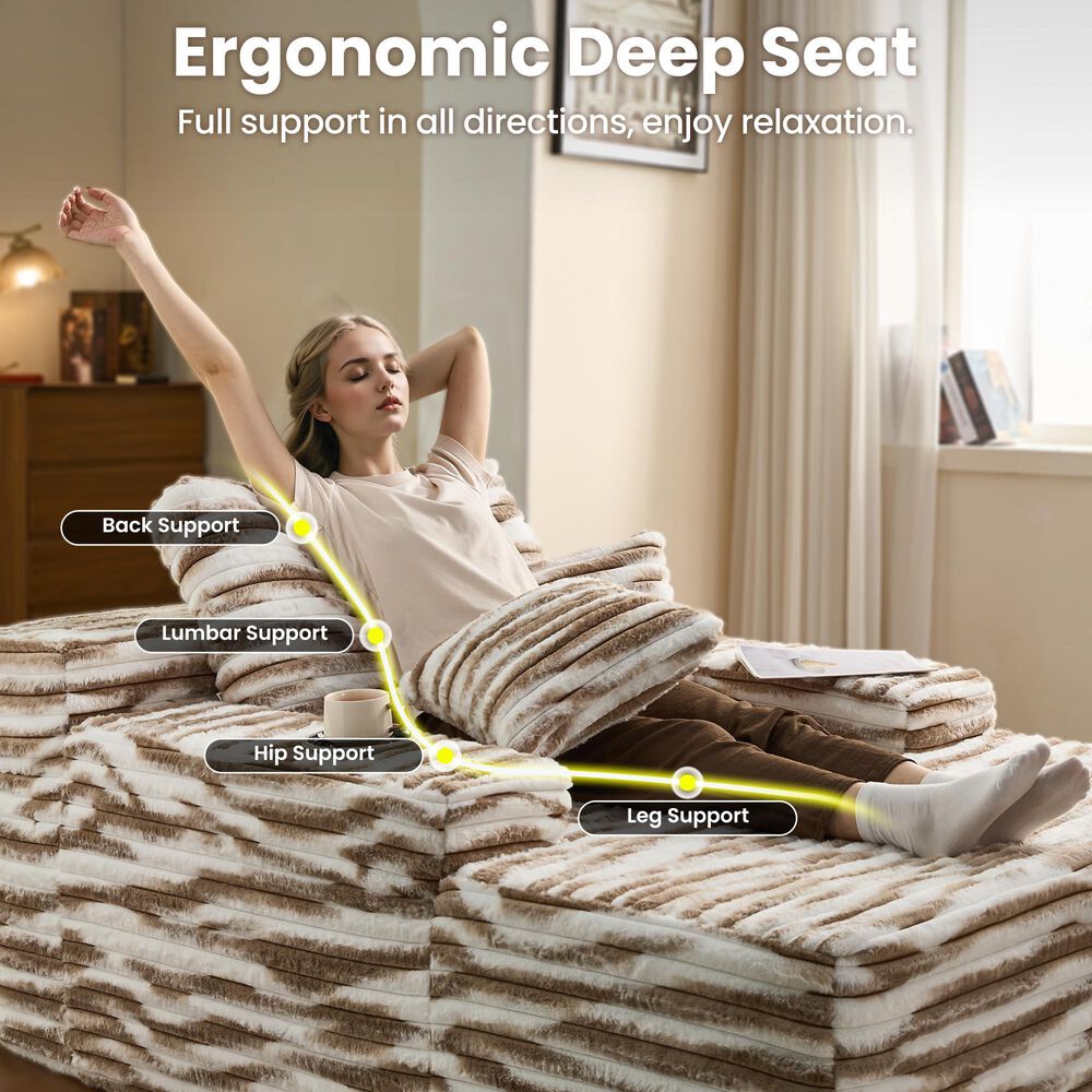 HOMLUX Cloud Faux Fur Chaise Lounge with Plush Pillows in Brown Zebra, , large