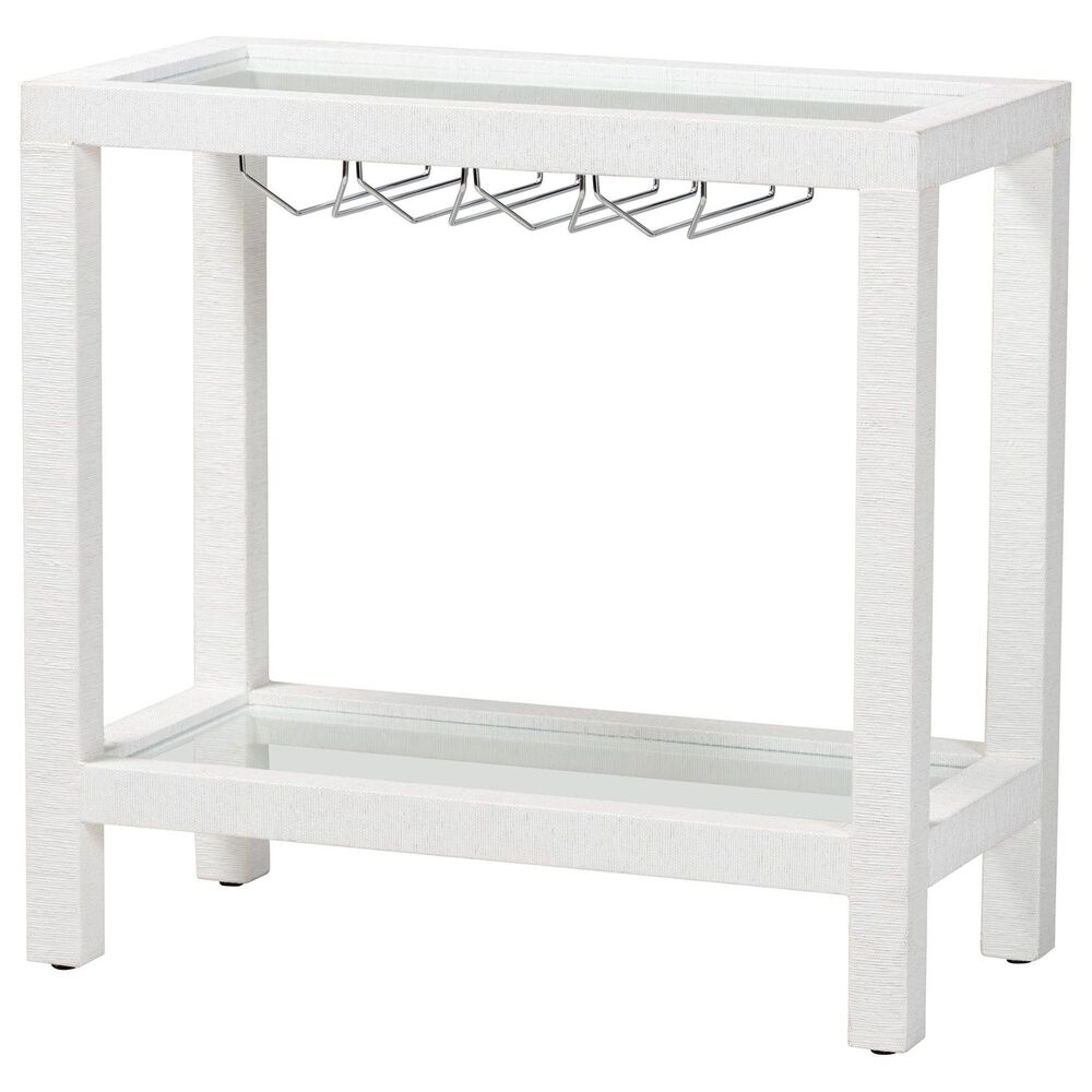 Baxton Studio Oaklynn Two-Tier Bar Table with Glass Shelves and Stemware Rack in White, , large