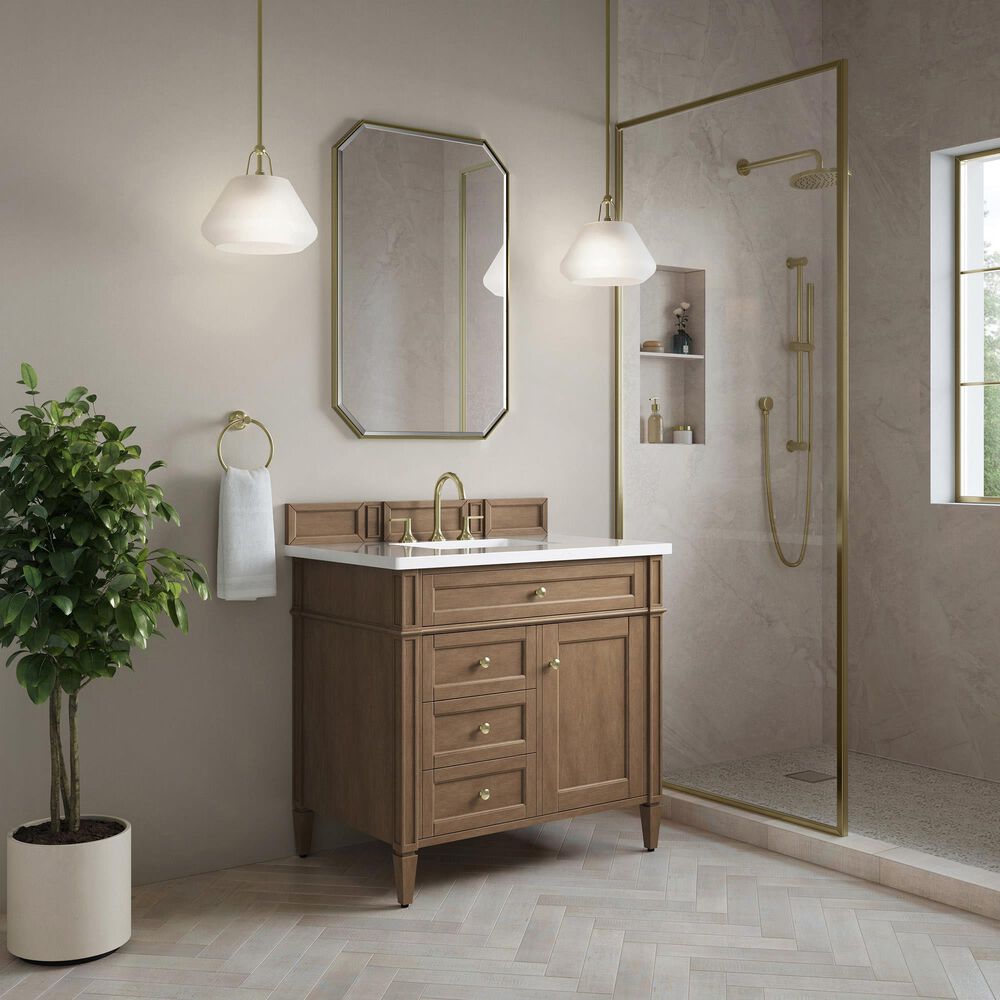 James Martin Brittany 36" Single Bathroom Vanity in Pecan with 3 cm White Zeus Silestone Top and Rectangular Sink, , large