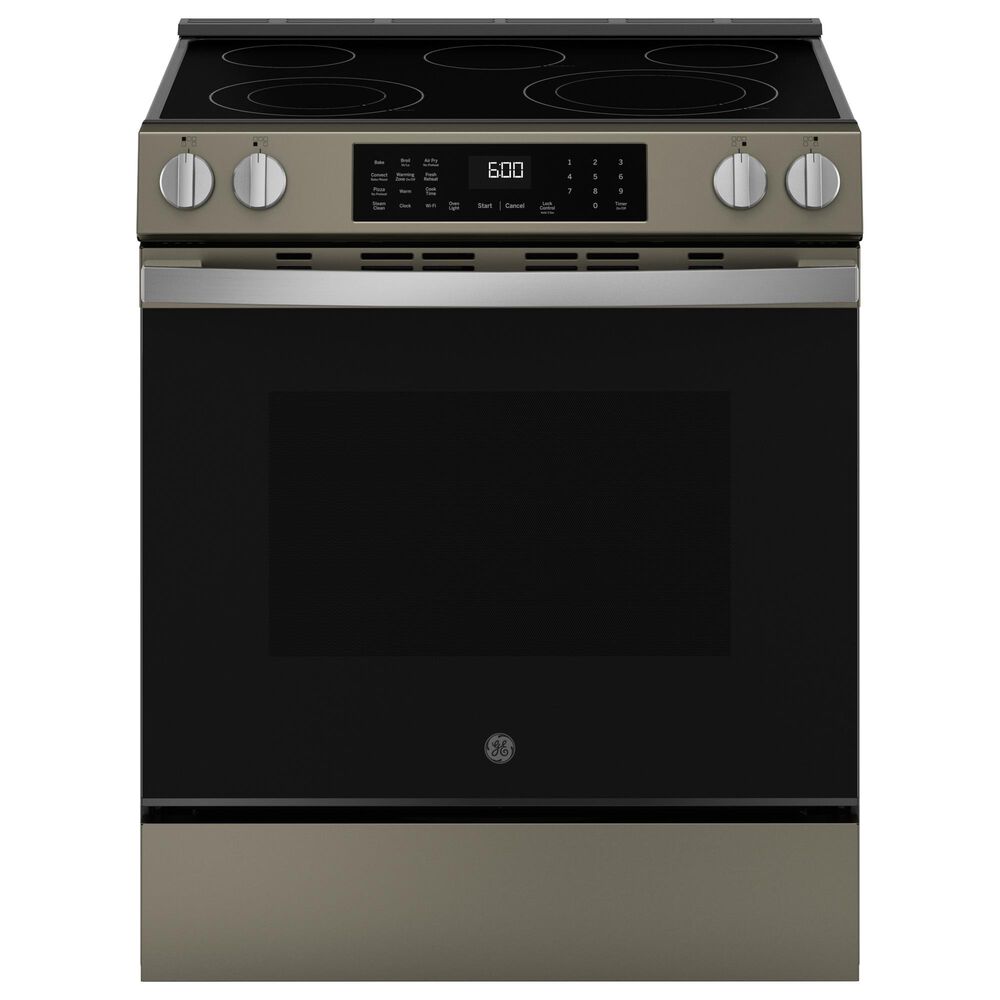 GE Appliances 2-Piece Kitchen Package with 5.3 Cu. Ft. Slide-In Front Control Electric Range and 1.9 Cu. Ft. Over-The-Range Microwave in Fingerprint Resistant Slate and Black, , large