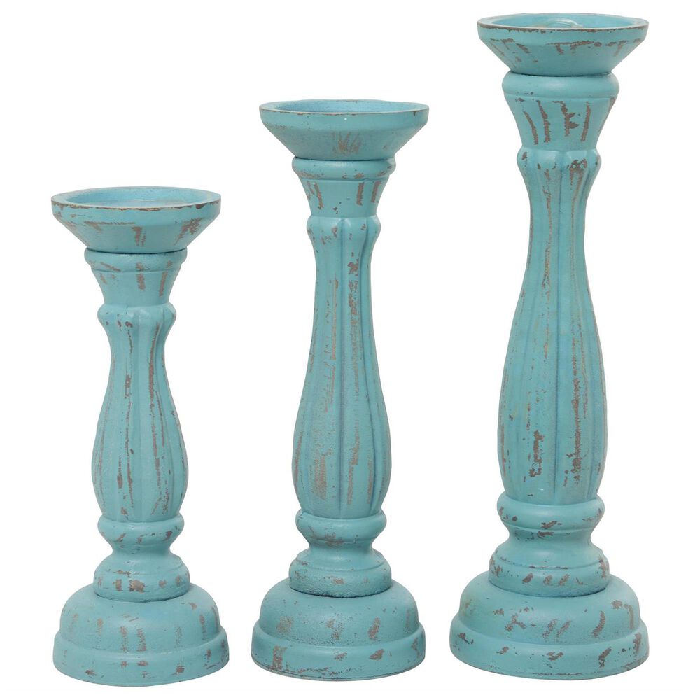 Maple and Jade Turned Pillar Decorative Candle Holder in Distressed Blue and Brown &#40;Set of 3&#41;, , large