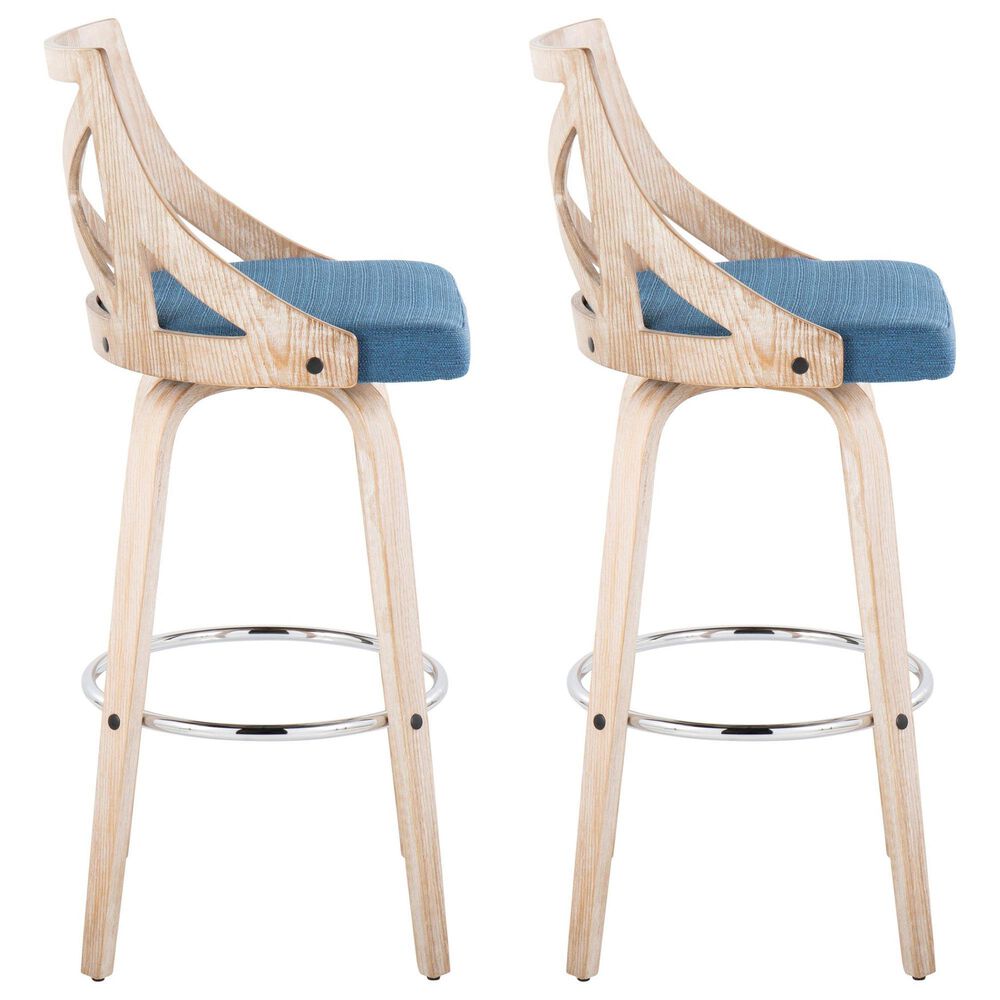 LumiSource Charlotte Swivel Bar Stool with Blue Fabric Upholstery in Whitewashed and Chrome (Set of 2), , large
