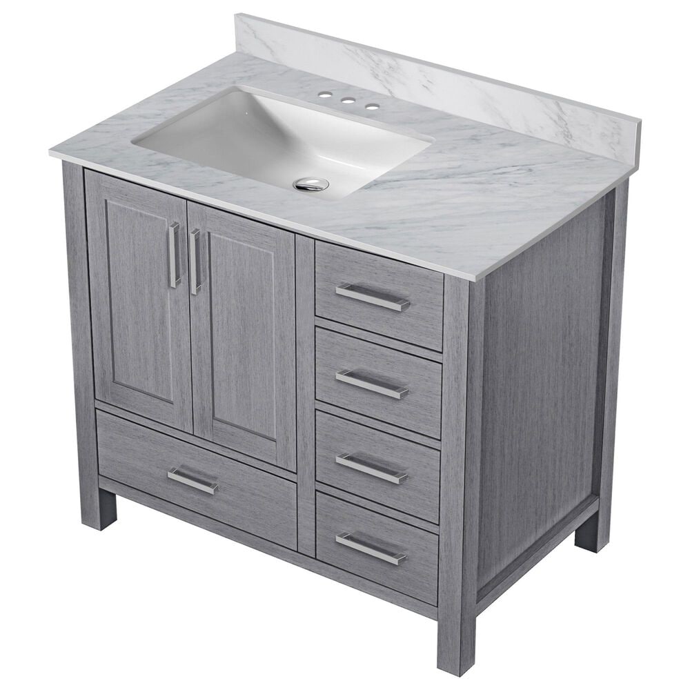 Lexora Home Jacques 36&quot; Left Offset Single Bathroom Vanity in Distressed Grey with 2 cm White Carrara Marble Top and Rectangular Sink, , large