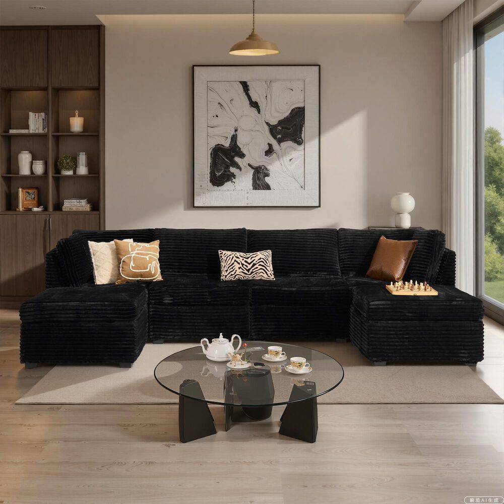 HOMLUX 6-Piece Mod Sectional with Ottomans in Black, , large