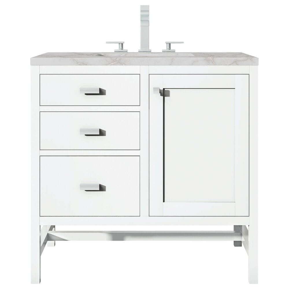 James Martin Vanities Addison 36" Single Bathroom Vanity in Glossy White with 3 cm Victorian Silver Quartz Top and Rectangular Sink, , large