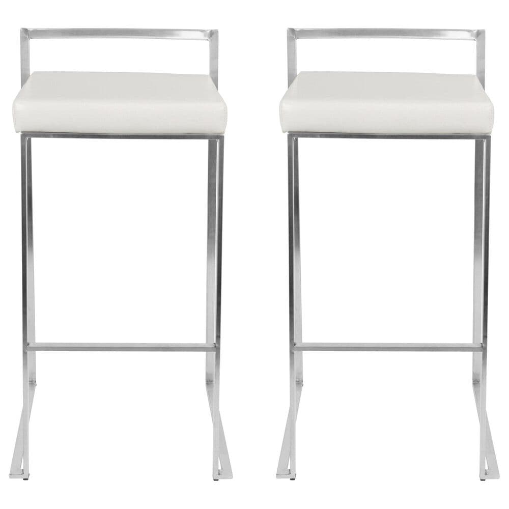 Lumisource Fuji Stackable Barstool with White Faux Leather in Brushed Stainless Steel &#40;Set of 2&#41;, , large