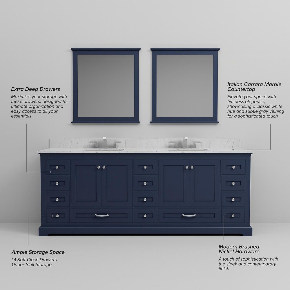 Lexora Home Dukes 84&quot; Double Bathroom Vanity in Navy Blue with 2 cm White Carrara Marble Top and Rectangular Sinks, , large