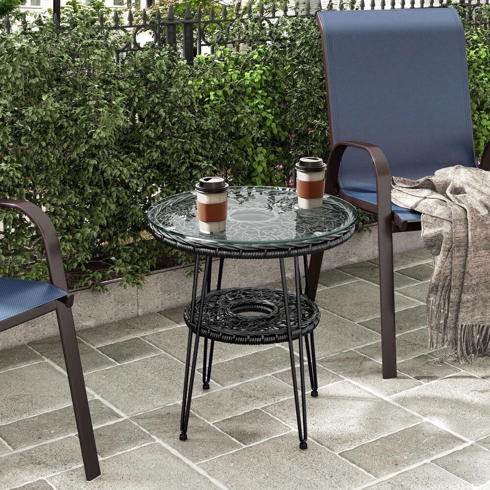 Furniture of America Serene 1-Shelf Glass Top Round Patio Coffee Table in Black, , large