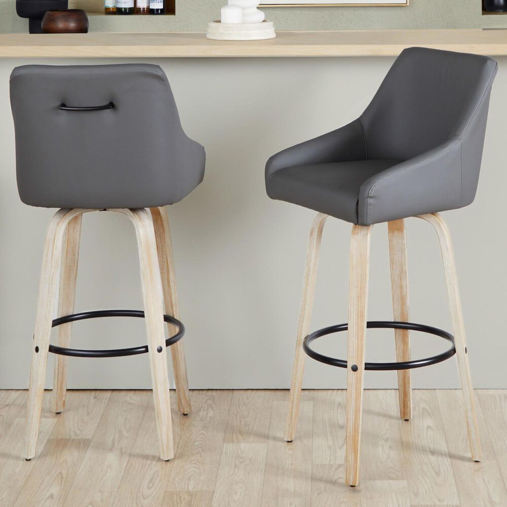 LumiSource Hannah Swivel Bar Stool with Dark Grey Faux Leather Upholstery in Whitewashed and Black (Set of 2), , large