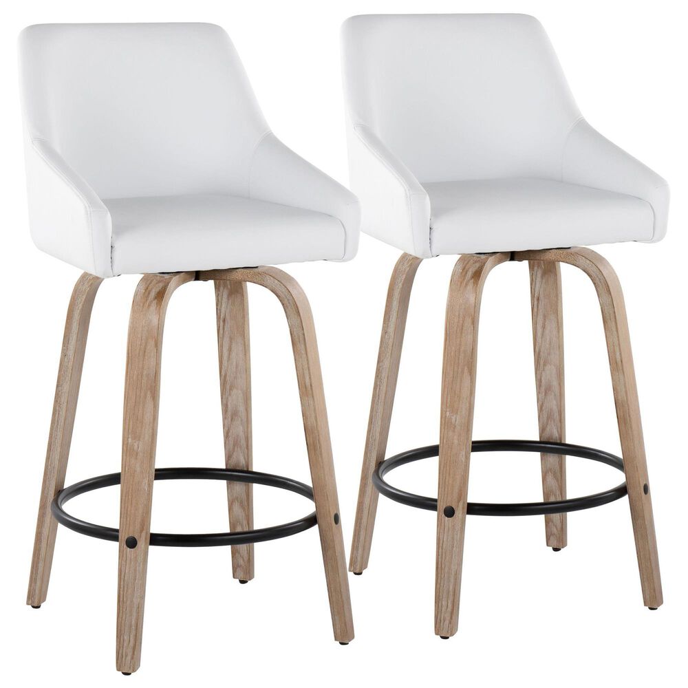 LumiSource Hannah Swivel Counter Stool with White Faux Leather Upholstery in Whitewashed and Black (Set of 2), , large