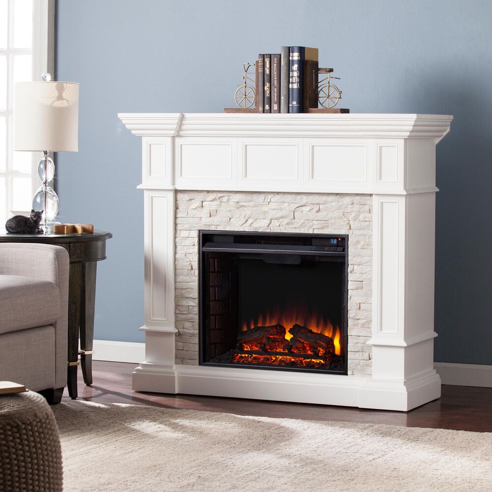 Southern Enterprises Engo Electric Convertible Corner Fireplace in Fresh White/Rustic White Faux Stone, , large