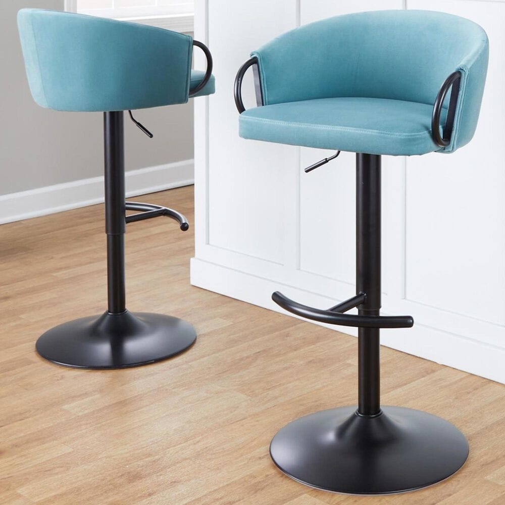 LumiSource Claire Swivel Adjustable Barstool with Light Blue Velvet Upholstery in Black (Set of 2), , large