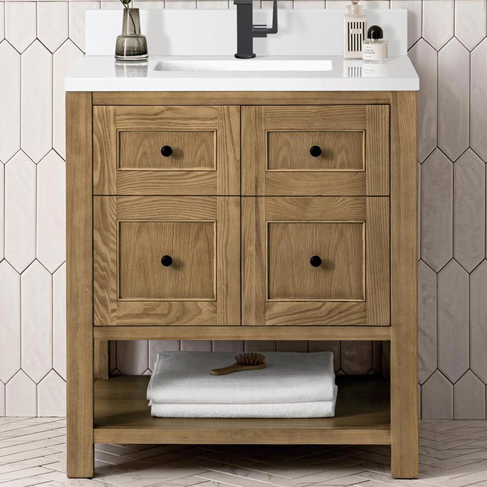 James Martin Vanities Breckenridge 30&quot; Single Bathroom Vanity in Light Natural Oak with Single Hole 3 cm White Zeus Quartz Top and Rectangular Sink, , large