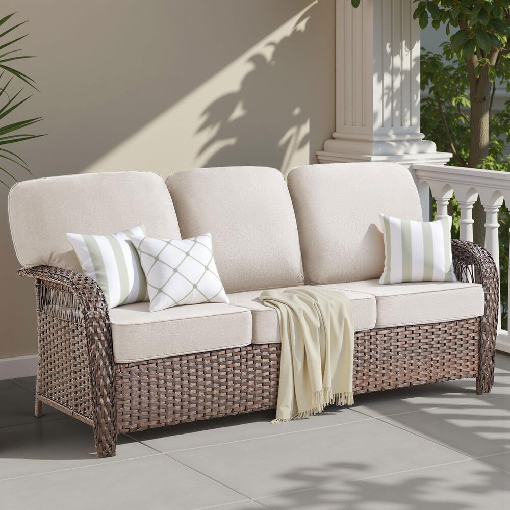 Hearth and Haven Outdoor Sofa with T-back Cushions and Brown Wicker in Beige, , large