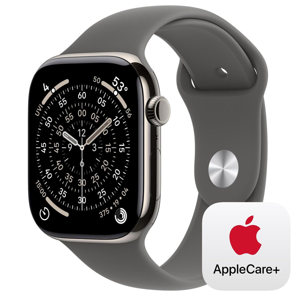 Apple Watch Series 11 (GPS+Cellular) 46mm Titanium Case with Stone Gray Sport Band - M/L in Natural and 2-Year AppleCare+, , large