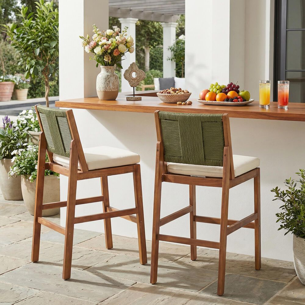 Hearth and Haven Outdoor Bar Stool with Green Wicker Back in Cream (Set of 2), , large