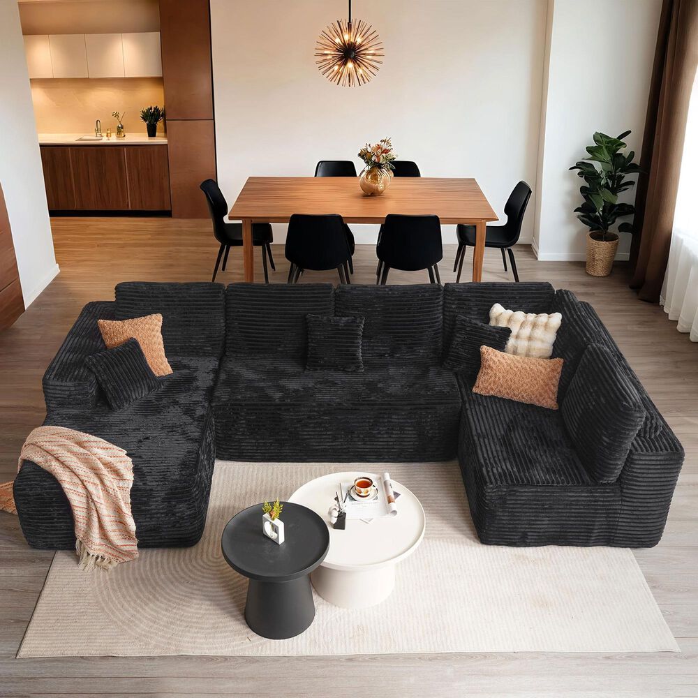 Noviland HOMLUX Modular Floor Sofa with Plush Corduroy, U-Shaped Sectional Cloud Couch with Chaise in Black, , large