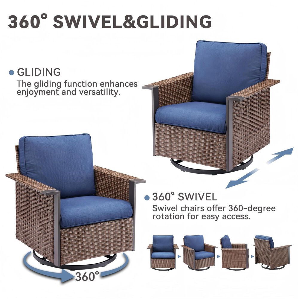 Sunwell Garden Patio Swivel Glider Chair with Brown Frame and Square Armrests in Navy (Set of 2), , large