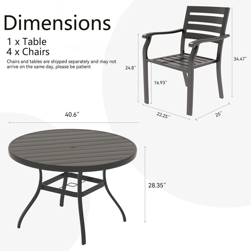 Hearth and Haven 5-Piece Outdoor Metal Dining Set with Stackable Chairs and Round Slatted Table in Black, , large