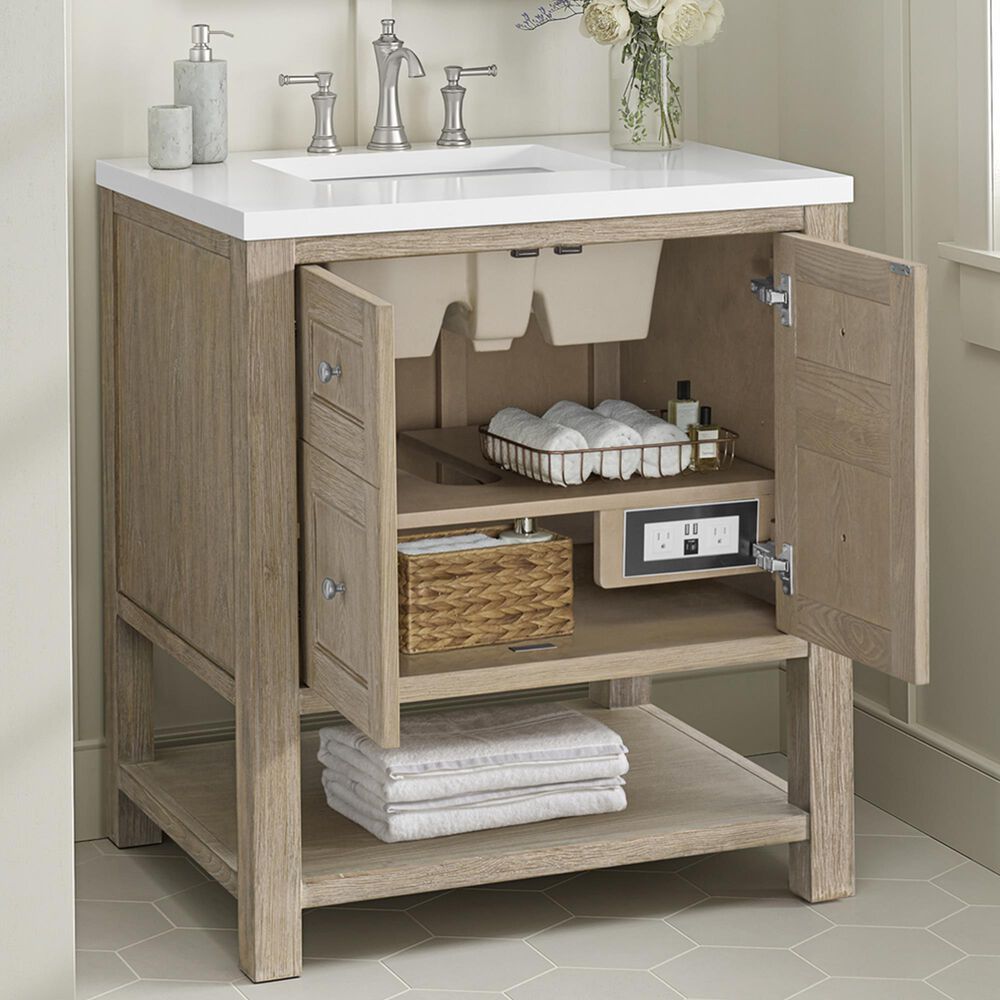 James Martin Vanities Breckenridge 30&quot; Single Vanity in Whitewashed Oak with 3 cm White Zeus Quartz Top, , large