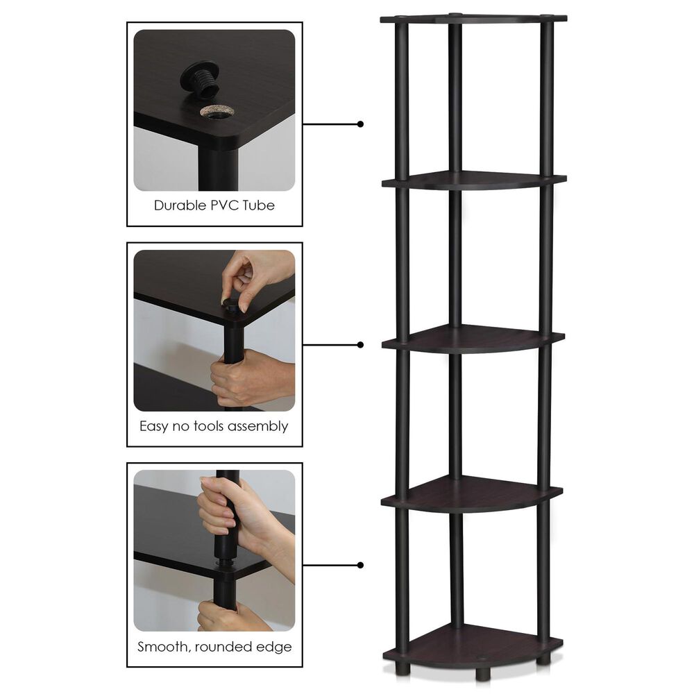 HOMLUX 5-Tier Modern Tall Corner Open Bookshelf in Dark Walnut, , large