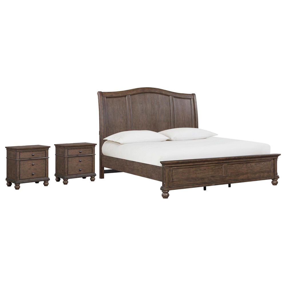 Riva Ridge Oxford King Sleigh Bed with Two Nightstands in Cocoa with AC Oulets and USB Ports, , large