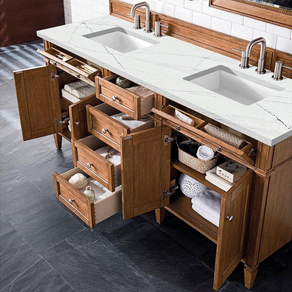 James Martin Vanities Brittany 72&quot; Double Bathroom Vanity in Saddle Brown with 3 cm Ethereal Noctis Quartz Top and Rectangular Sink, , large