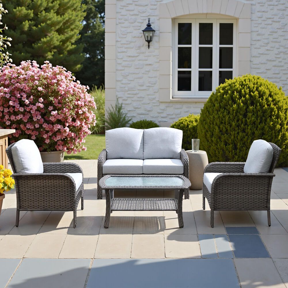 HOMLUX 4-Piece Patio Conversation Set with Grey Wicker in Gray, , large