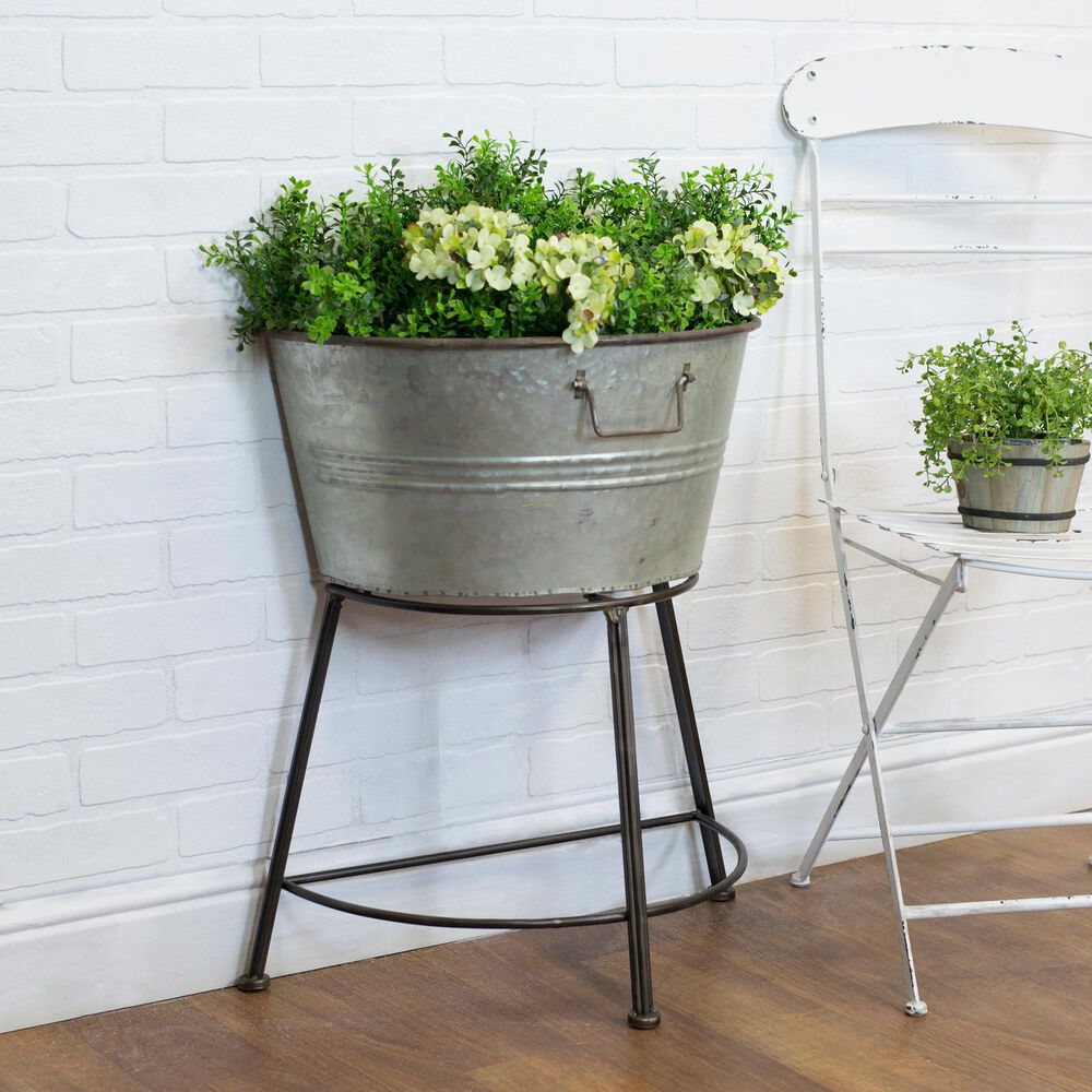 VIP Home and Garden Metal Galvanized Half-Tub Garden Planter in Grey and Black, , large