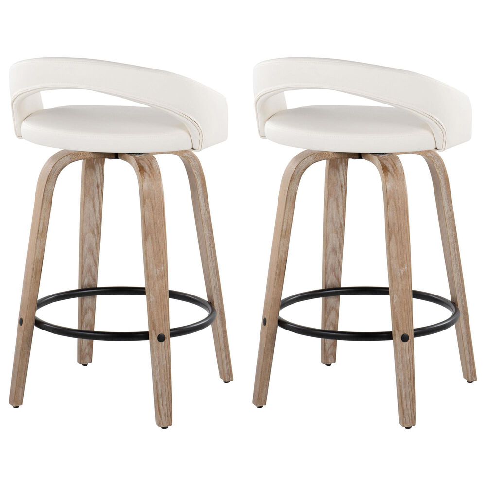 LumiSource Grotto Swivel Counter Stool with White Faux Leather Upholstery in Whitewashed Wood and Black (Set of 2), , large