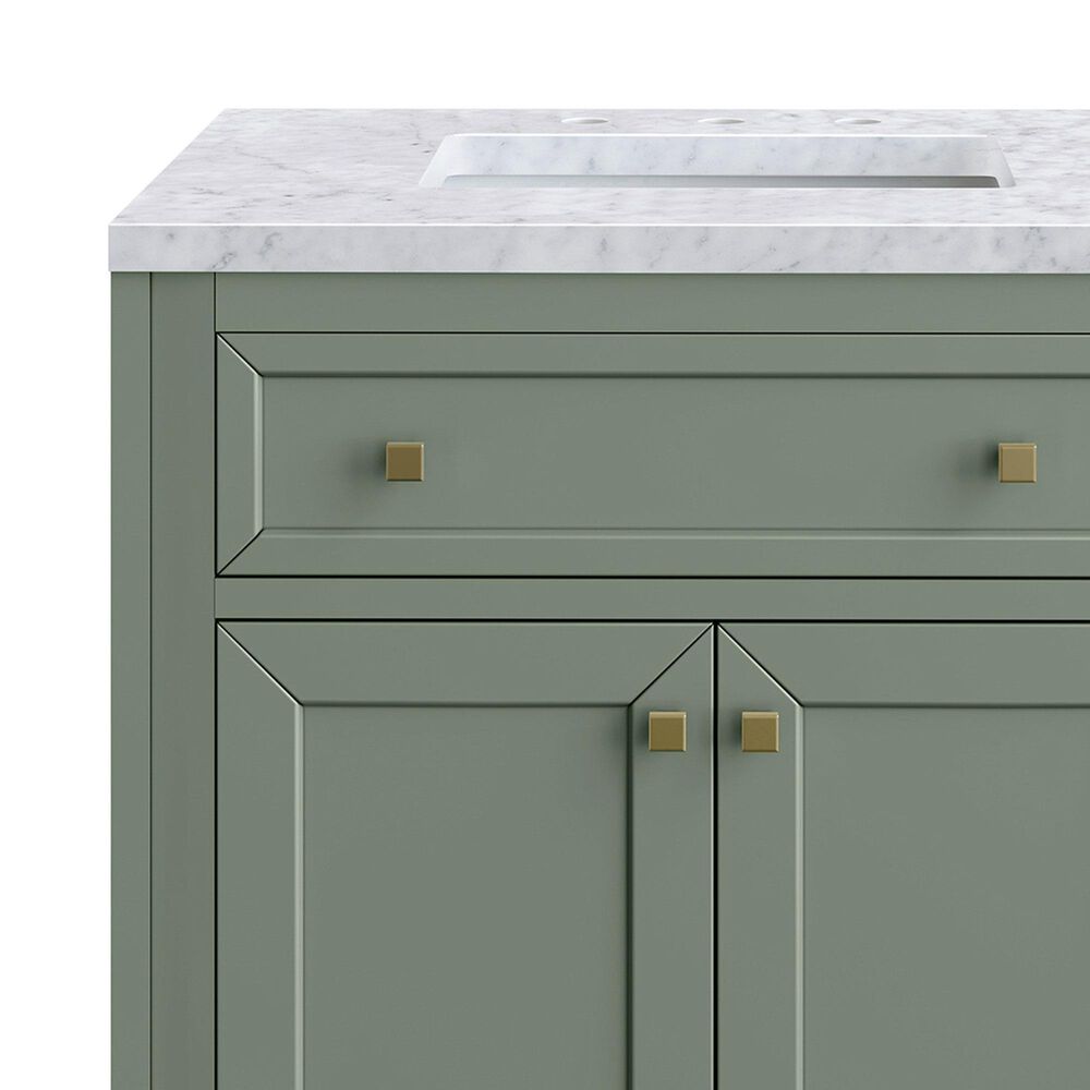 James Martin Vanities Chicago 30&quot; Single Bathroom Vanity in Smokey Celadon with 3 cm Carrara White Marble Top and Rectangular Sink, , large