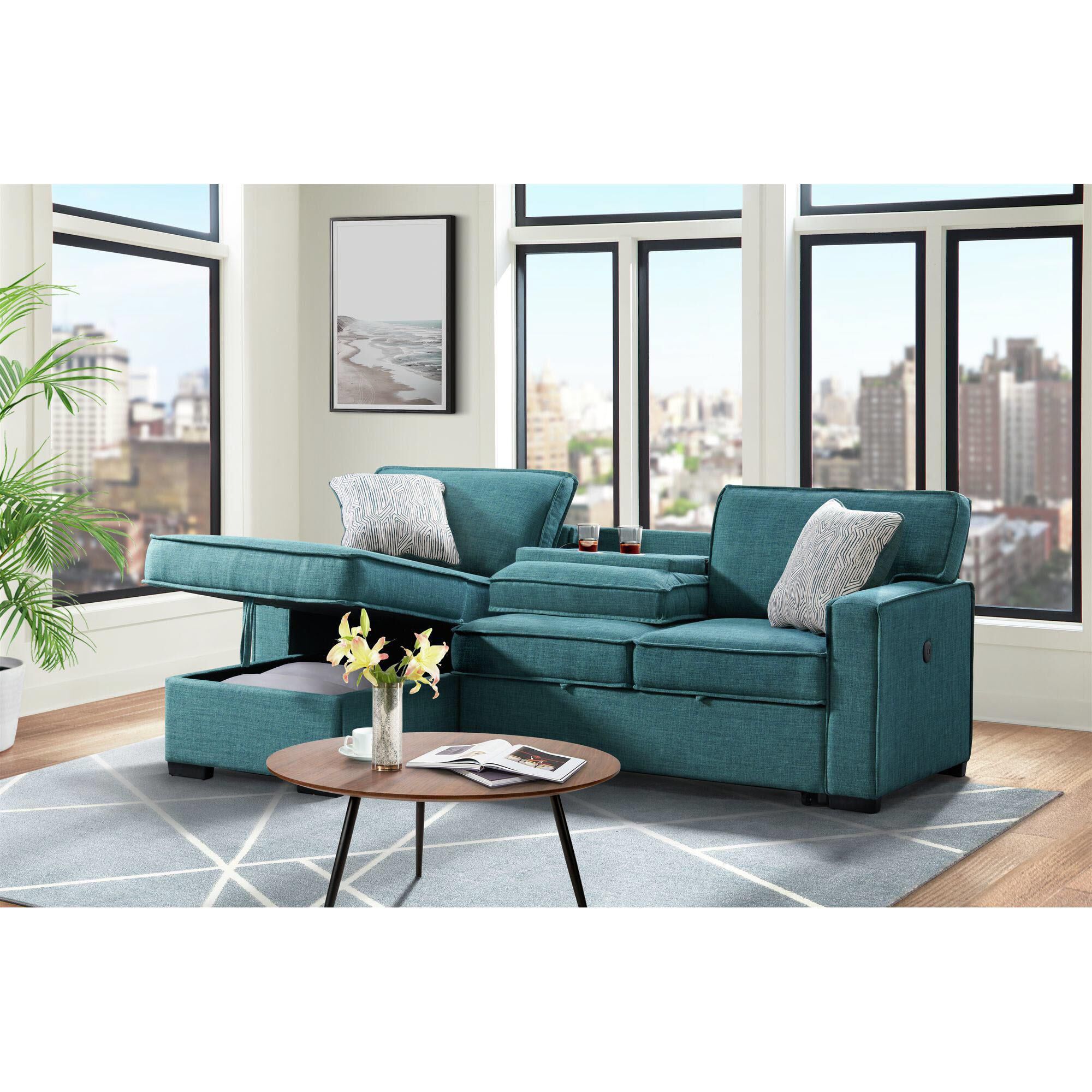 Mayberry Hill Caracas Sofa Sleeper with Left Facing Storage Chaise in Teal