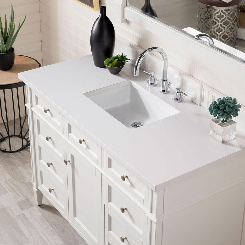 James Martin Brittany 48&quot; Single Bathroom Vanity in Bright White with 3 cm White Zeus Quartz Top and Rectangular Sink, , large