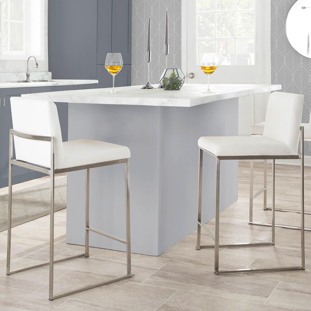 Lumisource Fuji Counter Stool in White and Brushed Stainless Steel (Set