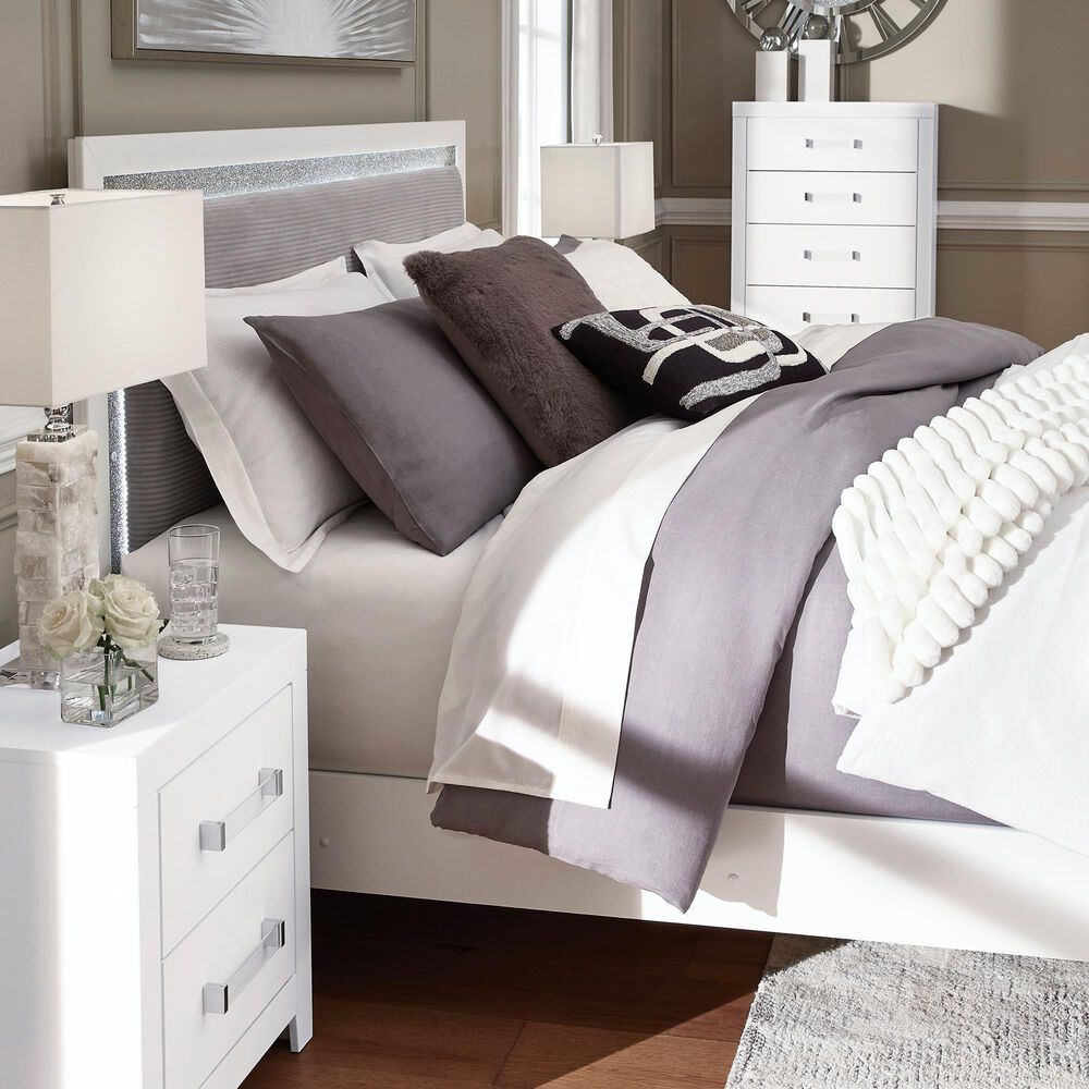 Ashley Maeling King Upholstered Panel LED Bed in Matte White and Gray, , large