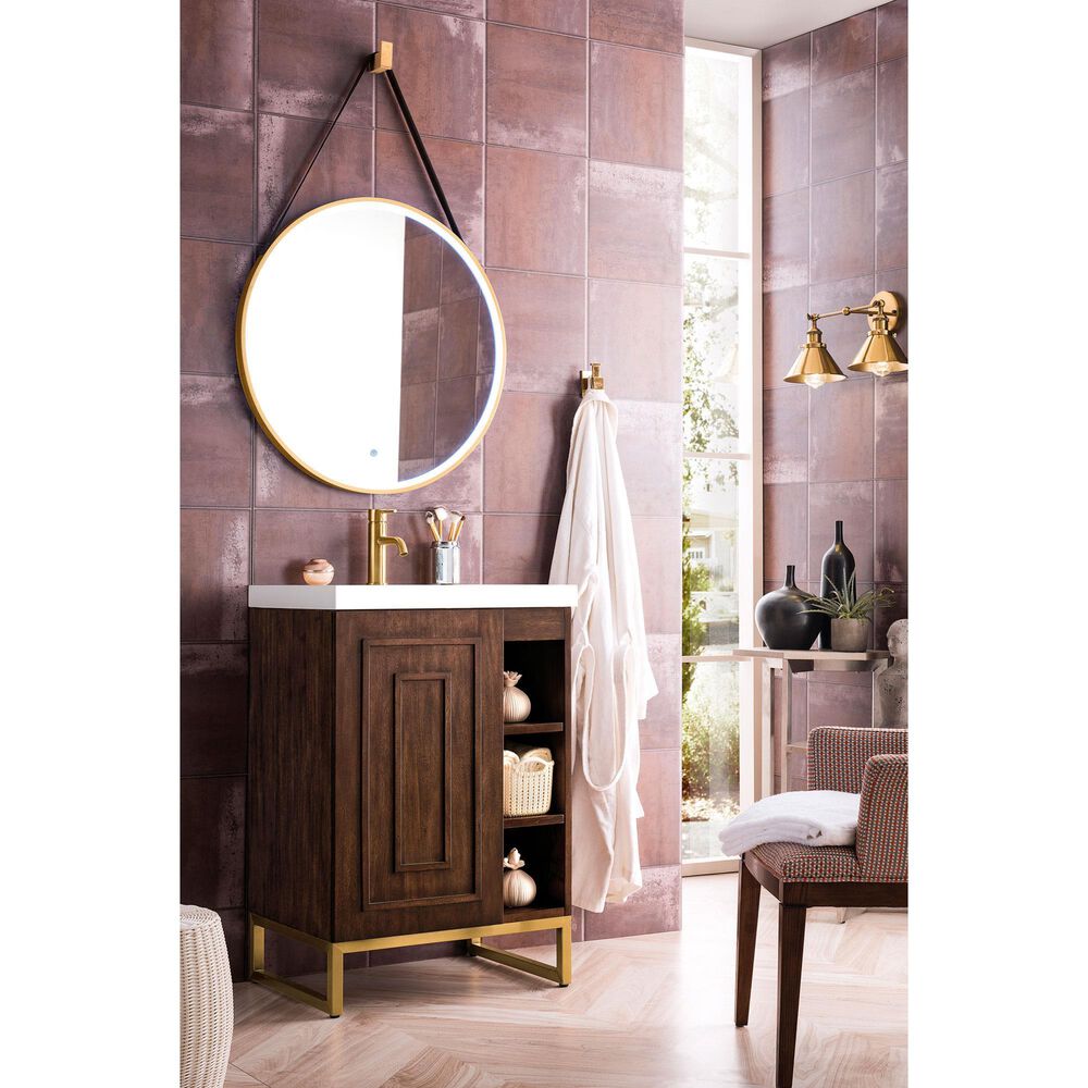 James Martin Vanities Alicante 24&quot; Single Bathroom Vanity in Mid Century Acacia and Radiant Gold with 5 cm White Glossy Resin Top and Rectangular Sink, , large