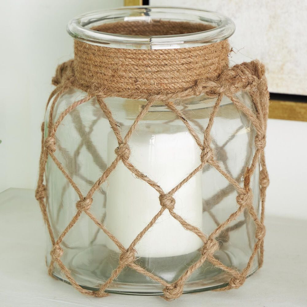 Maple and Jade Handmade Indoor/Outdoor Candle Lantern with Hanging Rope in Brown and Clear, , large