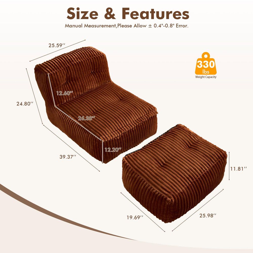HOMLUX 2-Piece Bean Bag Chair and Ottoman in Brown, , large