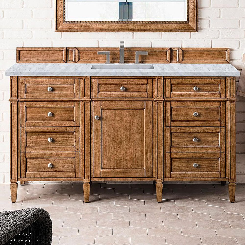James Martin Vanities Brittany 60" Single Bathroom Vanity in Saddle Brown with 3 cm Carrara White Marble Top and Rectangular Sink, , large