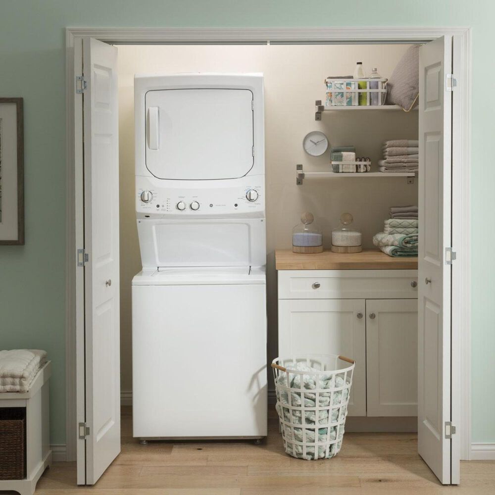 GE Appliances Unitized Spacemaker Gas Stack Laundry in White, , large