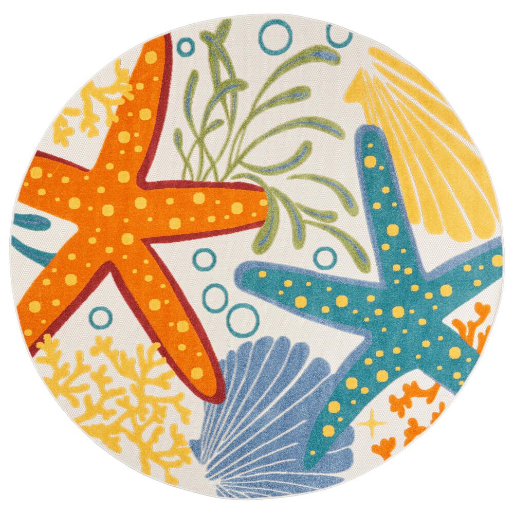 Nourison Aloha 7"10" Round Blue, Yellow and Orange Indoor/Outdoor Area Rug, , large