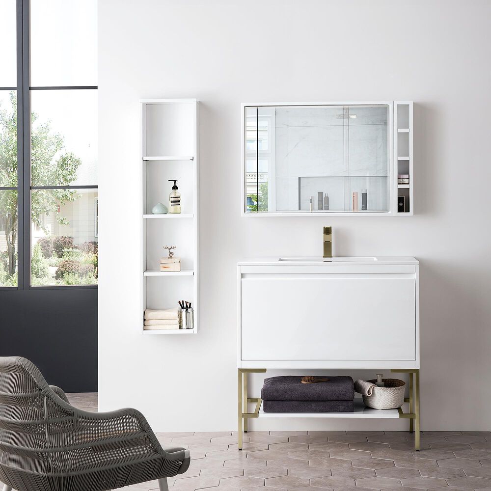 James Martin Mantova 35.4&quot; Single Bathroom Vanity in Glossy White and Champagne Brass with 2 cm Glossy White Solid Surface Top and Rectangular Sink, , large