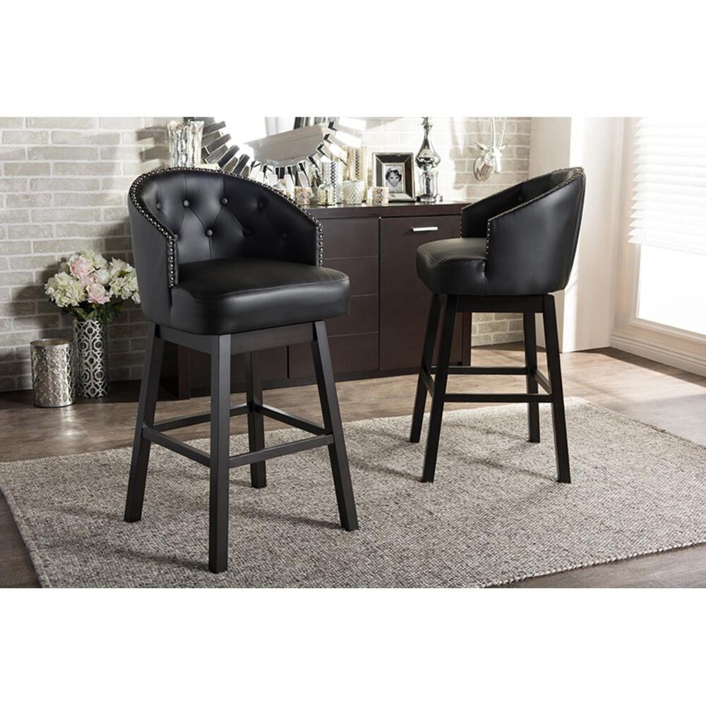 Baxton Studio Swivel Barstool with Nail Head Trim in Black - Set of 2, , large