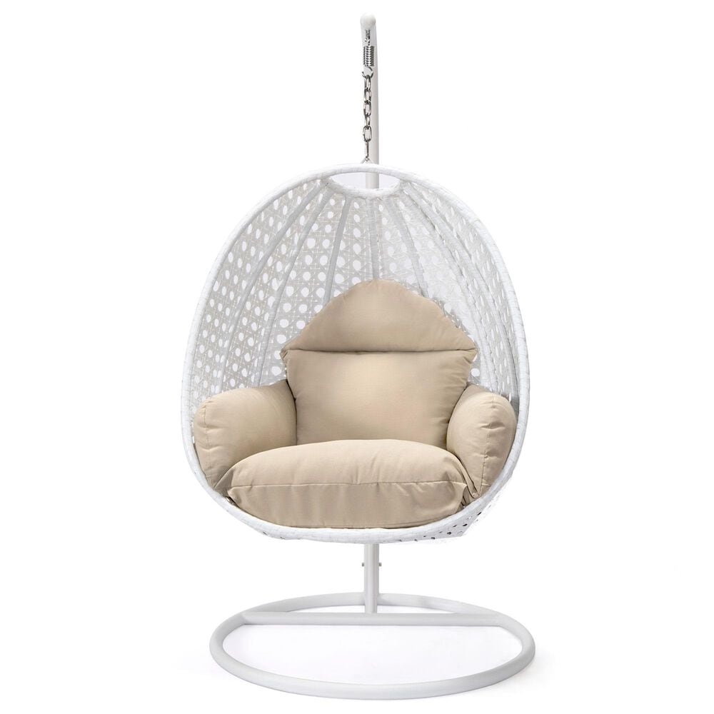 Leisuremod Patio Hanging Egg Swing Chair with Taupe Cushion in White, , large