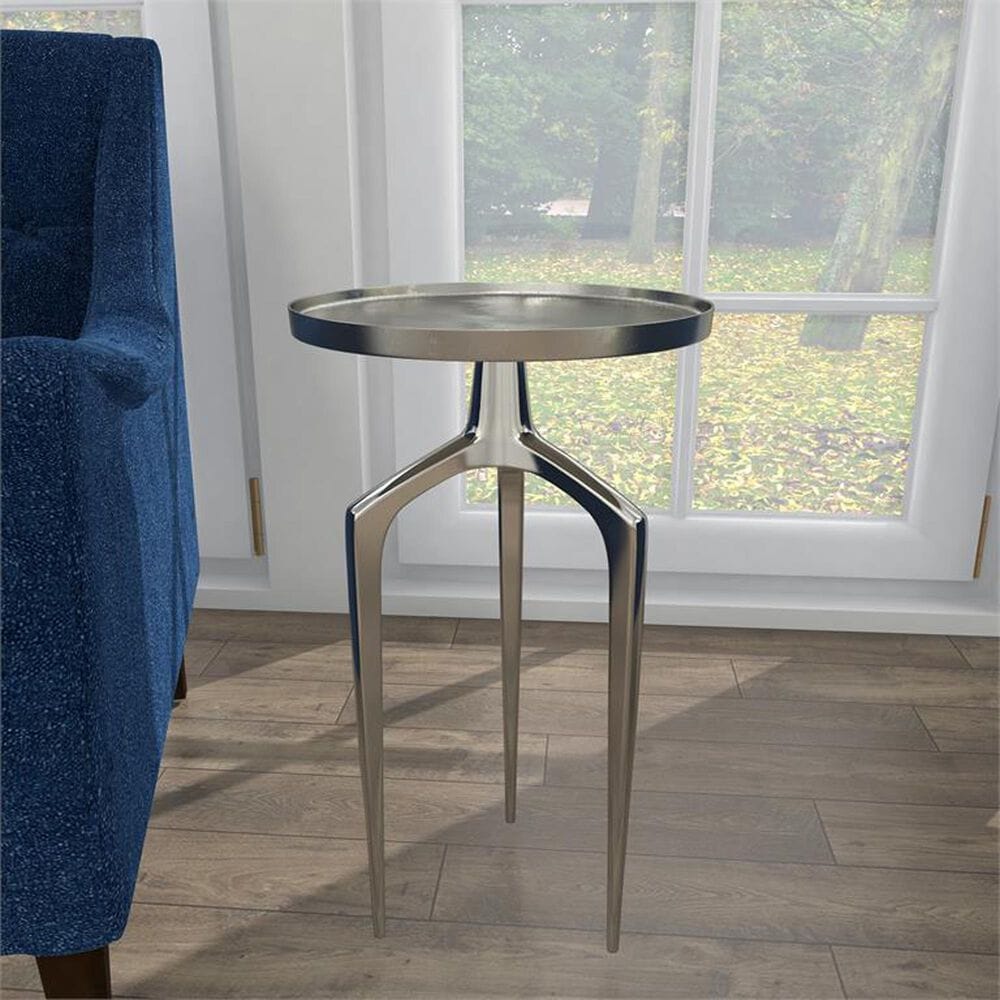 Maple and Jade 22&quot; Round End Table with 3 Tripod Legs in Polished Silver, , large