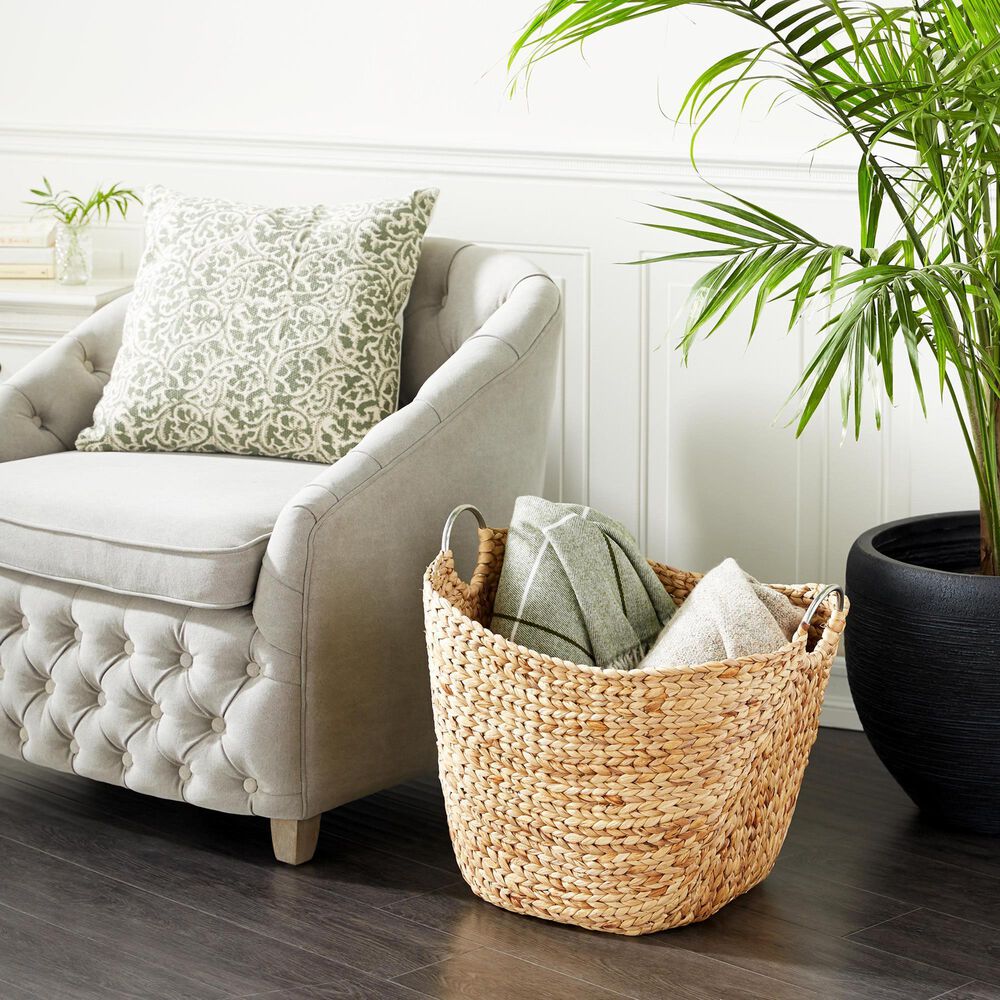 Maple and Jade Large Woven Storage Basket with Ring Metal Handles in Brown, , large